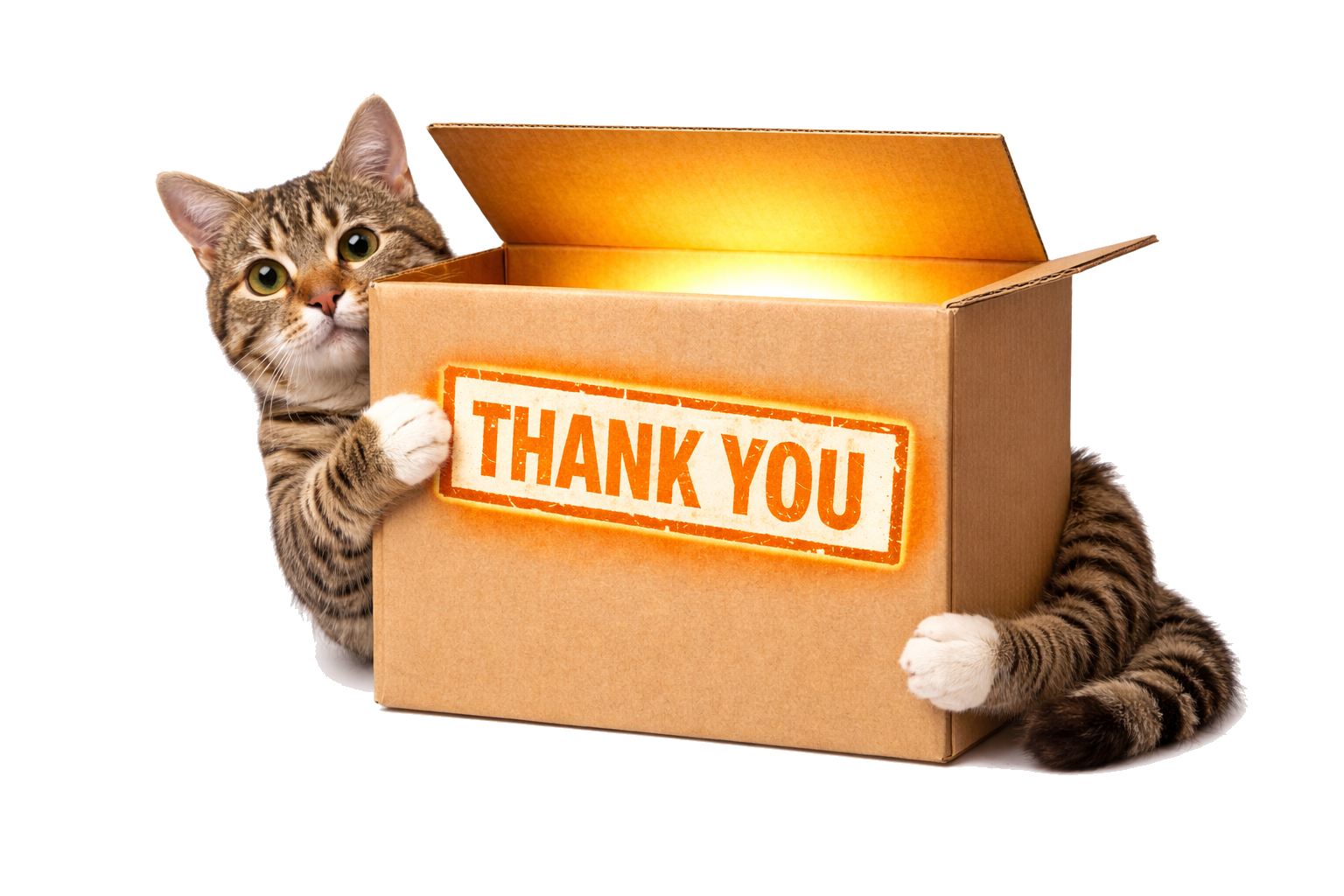 A cat holding a box that says Thank You